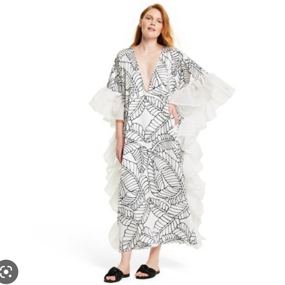 The Fe NoelxTarget Kaftan-Sketch Palm Leaf Print Ruffle Trim Cover Up Dress